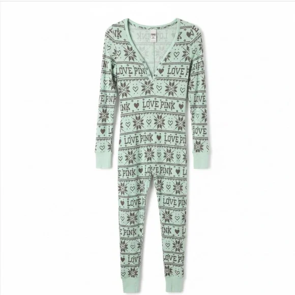 VS PINK Mint Thermal Onesie Pajamas Fair Isle Snowflake – Size S Rare